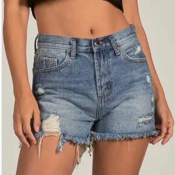 Elan Pants - Elan Women Jean Shorts Distressed Denim Blue High Rise Frayed Raw Hem Size M